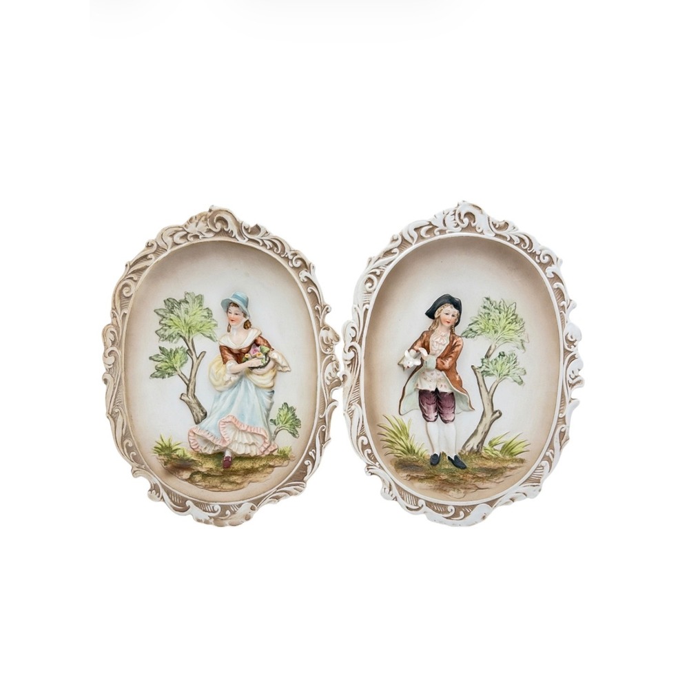 Vintage Lefton China Colonial Couple Wall Plaques Set Hand Painted KW4768 Japan